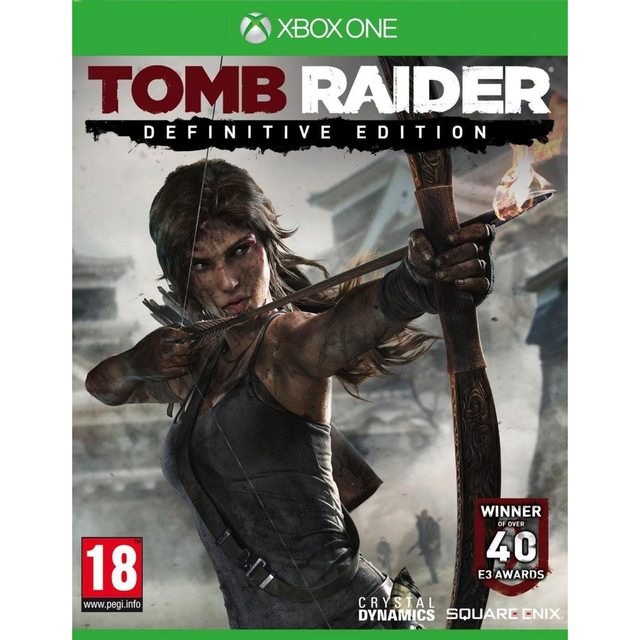Xbox One Tomb Raider Definitive Edition van Square Enix, doos voorkant met Lara Croft met gespannen boog, tweedehands