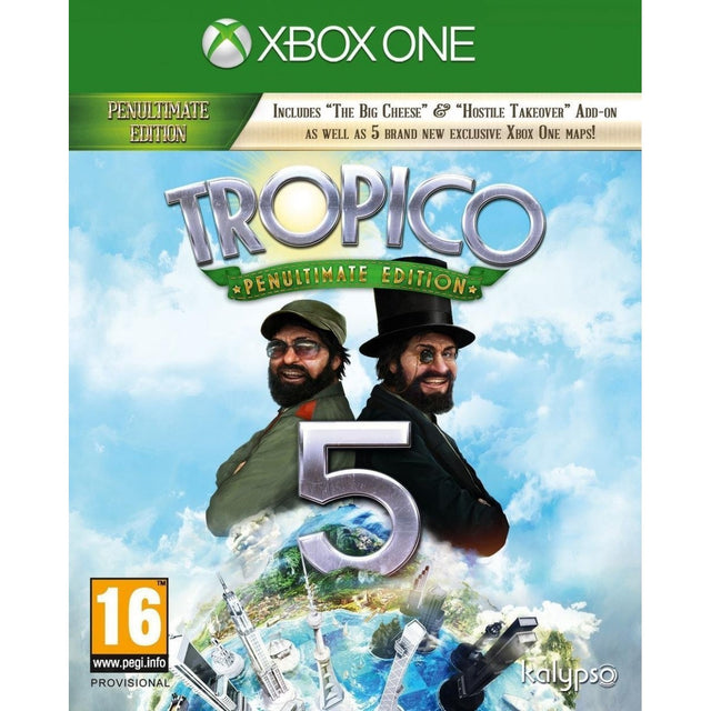 Xbox One Tropico 5 Penultimate Edition, doos voorkant met twee mannen boven een eiland, voorlopige hoes