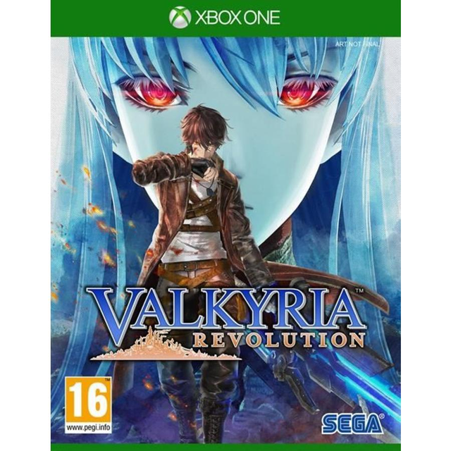 Xbox One Valkyria Revolution van Sega, doos voorkant met man met pistool voor een blauwharige figuur, tweedehands