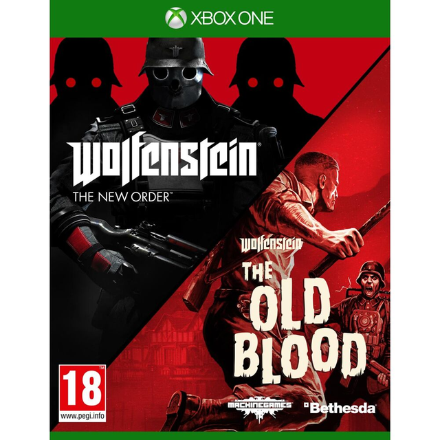 Xbox One Wolfenstein The New Order en The Old Blood van Bethesda, doos voorkant met soldaten op rood, tweedehands