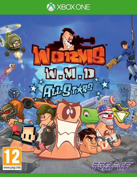 Xbox One Worms W.M.D All-Stars van Team17, doos voorkant met grijnzende worm en gastpersonages, tweedehands