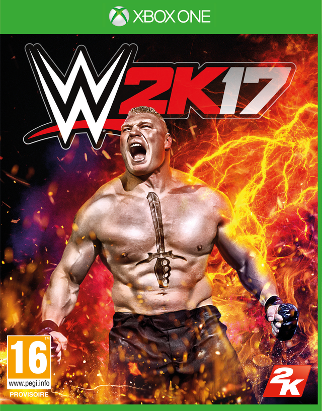 Xbox One WWE 2K17 van 2K, voorlopige hoes met schreeuwende worstelaar voor vuur en bliksem, tweedehands