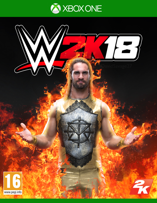 Xbox One WWE 2K18 van 2K, doos voorkant met worstelaar met borstpantser voor vlammen, tweedehands