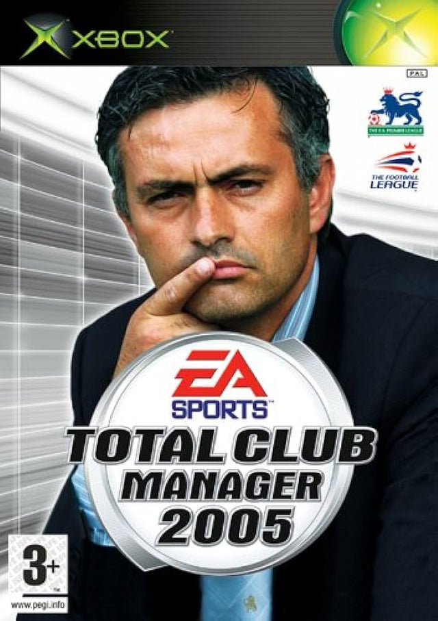 Xbox EA Sports Total Club Manager 2005, doos voorkant met een nadenkende man in pak, tweedehands